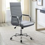 VICTONE Leather Office Desk Chair, Mid-Back Ribbed Executive Conference Room Chairs with Arms Task Chair Adjustable Swivel Chair for Home Office (Grey)