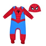 Marvel Spiderman Bodysuit and Hat, Footed Jumpsuit, Baby Clothes Sleepwear Set, Red and Blue, Size 9M