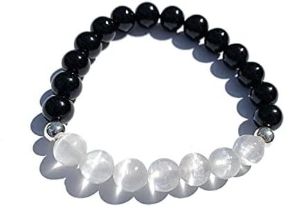 Joyfulmuze Black Tourmaline Selenite Bracelet, Handmade Stretch Jewelry, Natural Calming Crystals, Simple Genuine Chakra Energy Bracelet, Gifts for Women and Man, 8mm