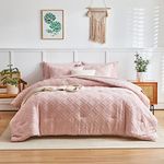 Flysheep 7 Pieces Tufted Bed in a Bag Queen Comforter Set with Sheets Blush, Soft & Embroidery Shabby Chic Boho Bohemian, Luxury Solid Color Diamond Pattern, Jacquard Tufts Bedding for All Season