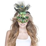 Women Halloween Costume Mask Venetian Face Cover Mask with Feather Decoration Women Masquerade Eye Mask for Halloween, Costume Party Mardi Gras Mask (Green)