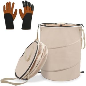 Audoyon 24 Gallons Collapsible Reusable Bags with Gloves, Camping Trash Can with Lid, Pop Up Garbage Can for Outdoor, Large Capacity Leaf Bags for Yard, Lawn, Reusable Garden Garbage Bag - Brown