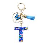 jtkdxqs A-Z Letter Keychain Crystal Blue with Tassel Butterfly Key Ring for Women Girls Cute Pendant,Letter T