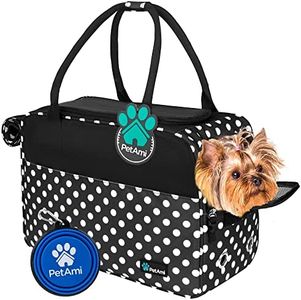 PetAmi Airline Approved Dog Purse Carrier | Soft-Sided Pet Carrier for Small Dog, Cat, Puppy, Kitten | Portable Stylish Pet Travel Handbag | Ventilated Breathable Mesh, Sherpa Bed (Polka Dot Black)