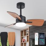 Black Ceiling Fans with Lights and Remote App, 29.5inch Dual Colour 3 Wood Blades Ceiling Lighting Fan Silent, Dimmable, 6 Speed, DC Motor, for Bedroom, Kitchen, Living Room