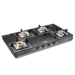 Prestige Vectra 4 Burner Glasstop Gas Stove|Superior Toughened Glass|Jumbo Brass Burner|3-Way Gas Inlet|360 Degree Revolving Nozzle|10 Years Warranty on Glass|Black