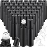 50 Pcs Glass Roller Ball Bottles, 10ml Essential Oil Roll on Bottle with Stainless Steel Applicator, 5 Funnels, Refillable Cosmetic Containers for Massage Oils, Perfumes, Fragrances - Black