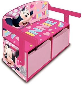 ARDITEX Banco de Madera, Escritorio Infantil y 2 Cestos Textiles de Almacenaje para Juguetes de Minnie Mouse 60 x 70 x 44 cm, Rosa