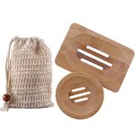 Zhongtou 2PCS Natural Wooden Soap Dish & 1PC Sisal Soap Bag for Face Body Shower with Drainage Bamboo Soap Holder for Bathroom Shower Sponges and Kitchen Accessories