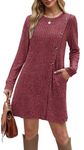 Aokosor Jumper Dress Women Dresses for Women UK Elegant Button Front Slit Tunic Dresses with Pockets Jumper Dress Red Size 14-16