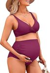 Charmo Maternity Swimwear Padded Front Cross Bikini Set Ruched 2 Piece Swimsuit Adjustable Straps Bathing Suit Pregnancy Swimming Suits Wine Red M