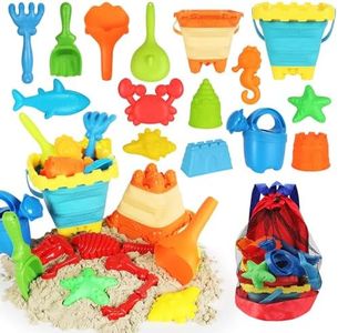 Elovien Beach Sand Toys Set, 24PCS Sandbox Toys with Mesh Backpack Bag Included 2 Foldable Buckets Pails, Sand Molds, Shovels, Rakes and Watering Can, Summer Outdoor Toys for Kids Toddlers Boys Girls