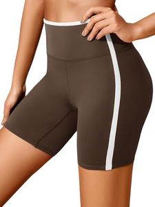 Aoysky Womens Buttery Soft Biker Shorts High Waisted Contrast Trim Workout Athletic Running Shorts Brown