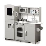 KIDOZ Wooden Toy Kitchen, Large Pretend Play Kitchen With Realistic Oven, Microwave and Sink With Taps, Kitchen Playset with Sounds and Lights For Kids (New Grey (Kitchen with Utensils)