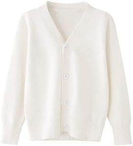 BUNIDUCKLING Girls' Long-Sleeved Cardigan with Buttons - Cotton - V-Neck Children's Cardigan School Uniform 90-160, White, 12-13 Years
