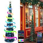 5 Ft Pop Up Christmas Tinsel Tree with Colorful LED Lights, Collapsible Pencil Christmas Tree with Remote & APP Control (Green)