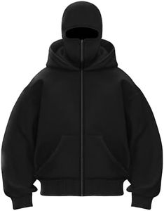TOSTOK Men's Balaclava Hoodie Winter Double Layer Hooded Sweatshirt with zipper, Fleece-Lined Y2K Hoodie Black