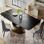 POVISON Modern Dining Table, 71'' Sintered Stone Black Dining Room Table for 6, Rectangular Pedestal Dining Table with Bronze Carbon Steel Base for Kitchen & Dining