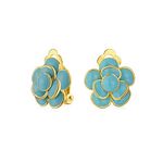 Simulated Turquoise Blue Enamel Rose Flower Retro Clip On Earrings Button Style Non Pierced Ears 14K Gold Plated Brass