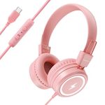 Bywulanda Kids Headphones with LED Lights for School, Upgrade USB Type C Kid Headphone with Microphone, Volume Limiter 85/94dB, Wired On Ear Headphones for Boys/Girls/Tablet/Travel -Pink