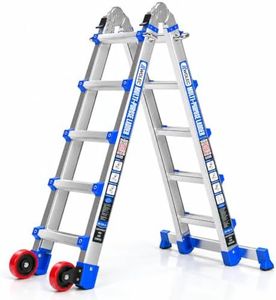 Wolec Home DIY Multi-Position Ladder: Rock-Solid Stabilizer & Wheels - Heavy Duty Aluminum Extension Telescoping Ladder for Indoor & Outdoor Maintenance,17 FT Blue