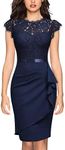 Miusol Women's Elegant Floral Lace Ruffle Design Cap Sleeve Cocktail Party Dress (Large, Navy Blue)