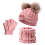 3 PCS Kids Winter Warm Beanie Hat Scarf Gloves Set, Thermal Knit Crochet Thick Fluffy Toddler Scarf Double Pom Pom Bobble Hat with Faux Fur for Girls Boys Children Toddler Aged 3-8 years old (Pink)