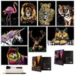 Scratch Art for Kids & Adults, Rainbow Engraving Painting Landscape Scratchboard(A4) Crafts Set: 8 Sheets Scratch Cards with 4 tools - Unicorn/Flamingo/Cat/Deer/Lion/Tiger/Leopard/Wolf(Animal Series)