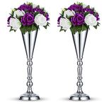 2 Pcs/Set Tabletop Silver Metal Wedding Flower Trumpet Vase Table Decorative Centerpiece Artificial Flower Arrangements for Anniversary Ceremony Party Birthday Event Aisle Home Decoration