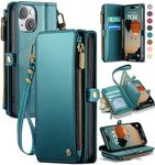 Defencase Wallet Case Compatible with iPhone 14 with RFID Blocking Card Holder for Women and Men, Fashion PU Leather Magnetic Snap Flip Zipper Strap Phone Case Suitable for iPhone 14 6.1", Blue Green