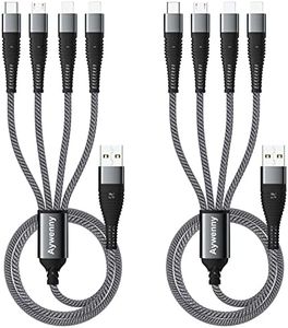 Aywenny Multi Charging Cable 2Pack Nylon Braided Universal 4 in 1 Multiple USB Cable 3A,with Dual Phone/USB-C/Micro-USB Port Adapter,for Cell Phones Tablets Universal Use (Grey)