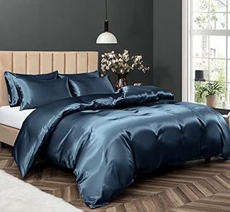 P Pothuiny 5 Pieces Satin Duvet Cover King Size Set, Luxury Silky Like Navy Blue Duvet Cover Bedding Set with Zipper Closure, 1 Duvet Cover + 4 Pillow Cases (No Comforter)