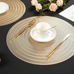 Agee Home Decor® PVC Golden Round Placemats Pressed Vinyl Metallic placemats for Dining Table wipeable Washable Non Slip Round mats Set of 6 pc (Gold Cut, 6 pc)