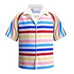 Allan Costume Shirt Men's 80s Rainbow Striped Hawaiian Casual Beach Short Sleeve Halloween Cosplay Costume, B(with Fur), Small