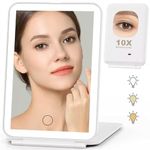 Auxmir Travel Makeup Mirror with Light, 1X/10X Magnifying Rechargeable Foldable Ultra Slim Mirror with 3 Light Colors, Dimmable Makeup Mirror with Touch Screen, Portable Makeup Mirror for Home Travel
