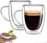 Glass Tea Mugs Set, Set of 2 Double Wall Borosilicate Glass Cup, 12oz Clear Thermal Insulated Mug with Handles for Hot or Cold Beverages, Espresso, Tea, Latte, Cocoa, Cappuccino