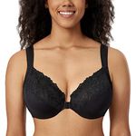 Delimira Women's Front Fastening Bras Unlined Lace Plus Size Support Underwire Black 42DD