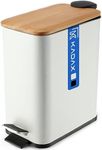 KADAX Toilet Bin, Powder-Coated Steel Kitchen Waste Bin with Bamboo Lid, Small Bathroom Trash Can with Foot Pedal and Internal Bucket (5L, White, Rectangular)