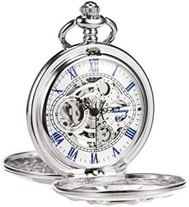 TREEWETO Silver Double Cover Roman Numerals Dial Skeleton Mens Women Pocket Watch