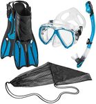 Phantom Aquatics Rapido Adult Mask Fin Snorkel Set, Panoramic View Snorkel Mask + Snorkeling Gear Travel Bag (Azure, ML/XL, us: 9/11 - EU: 42/45)