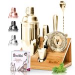 Gold Elite Mixology Bartender Kit Cocktail Shaker Set by Barillio: Golden Drink Mixer Set with Bar Tools, Sleek Bamboo Stand, Velvet Carry Bag & Recipes Booklet Small Bartender Kit Gold