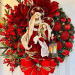 Lighted Nativity Scene Christmas Wreath, Holy Family Wreath Decorations for Front Door, Fall Berry Xmas Home Holiday Wreaths for Windows Porch Indoor Outdoor Figurine Wall Ornament Decor (Multicolor)