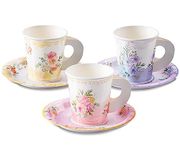 HOMIX 24 Paper Tea Cups and Plates, 7 OZ Disposable Paper Teacups and Saucer Sets for Hot and Cold Drinks for Birthday, Princess, Floral, Tea Party Decorations