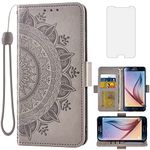 Asuwish Compatible with Samsung Galaxy S6 Wallet Case and Tempered Glass Screen Protector Card Holder Flip Wrist Strap Stand Cell Phone Cover for Glaxay S 6 Gaxaly 6s Galaxies GS6 SM-G920V G920A Grey