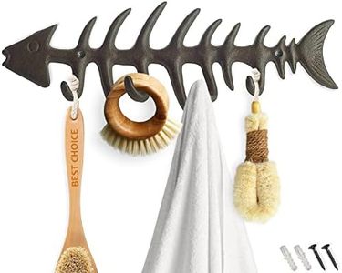 Comfify Decorative Fish Bones Wall Mounted Towel Rack Stylish Cast Iron Hanger with 4 “Fish Bones” Hooks for Towels, Robes and More - Includes Screws and Anchors - in Brown