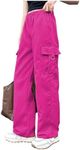 Floerns Girl's Elastic Waist Trousers Loose Straight Leg Flap Pocket Cargo Pants Red 11-12Y