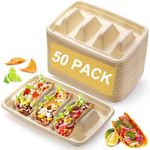 Matomtak Disposable Taco Holder for Party, 50 Pack Pulp Fiber Taco Plates with 3 Dividers, Biodegradable Taco Tray Holder, Taco Tuesday Lazy Susan Taco Bar Serving Set for Party, Picnic