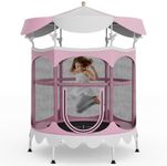 GYMAX Toddler Trampoline, 64” ASTM Approved Indoor/Outdoor Trampoline with Removable Canopy, All Round Enclosure Net & Handrail, Small Kids Trampoline for Backyard, Gift for Boys, Girls (Pink)