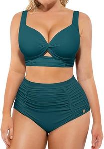 SHAPELLX Plus Size Tummy Control Bikini High Waisted Two Piece Swimsuit Ruched Push Up Twist Front Bathing Suit Adjustable Straps Bikini (Green, 3XL)
