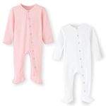 BINIDUCKLING Baby 2-Pack Cotton Snap-Up Sleepsuit - Baby Footed Pajamas with Mitten Cuffs - Long Sleeve Baby Onesies Grows 3-6 Months, Light Pink and White